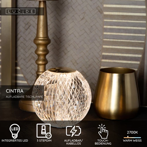 Lucide CINTRA - wiederaufladbare Tischlampe - Akku/Batterie - Ø 9 cm - LED 3 StepDim - 1x1,5W 2700K - Transparent - USP